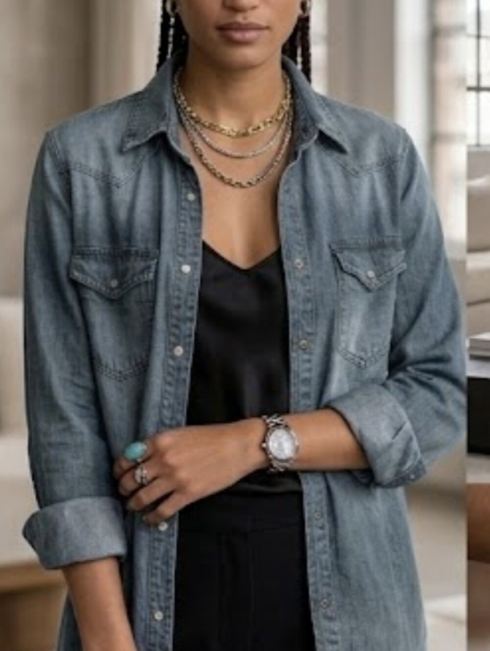 Authentic Vintage 90s  Versace Washed Chambray Silver Button Shirt